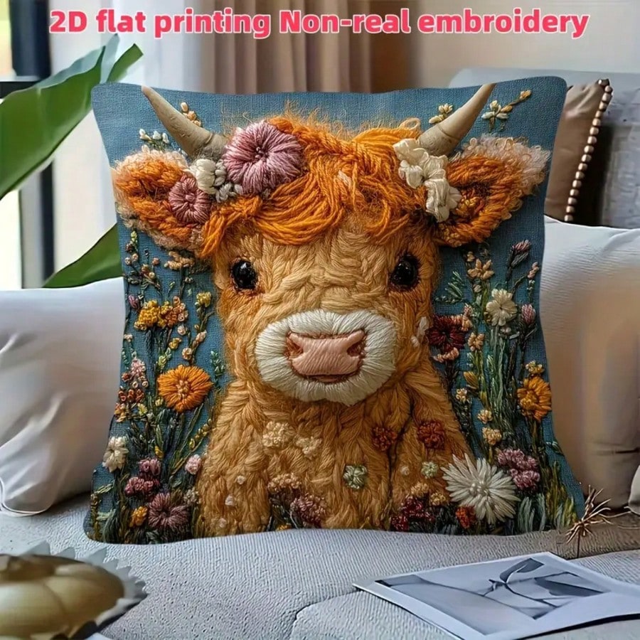 Pillow Insert 18X18 - ปลอกหมอนตกแต่งลายวัวไฮแลนด์วินเทจ 1 ชิ้น, ลายพิมพ์คล้ายงานปัก 2 มิติ,