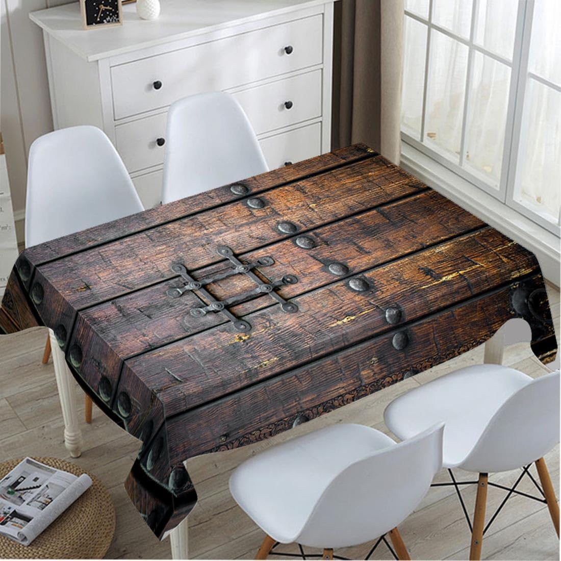 Home Textiles Premium - ผ้าปูโต๊ะลายประตูไม้โบราณยุคกลาง พร้อมฝาปิดโต๊ะลายกุญแจโลหะสไตล์โกธิค สำหรับห้องครัวและห้องรับประทานอาหารสไตล์วินเทจ