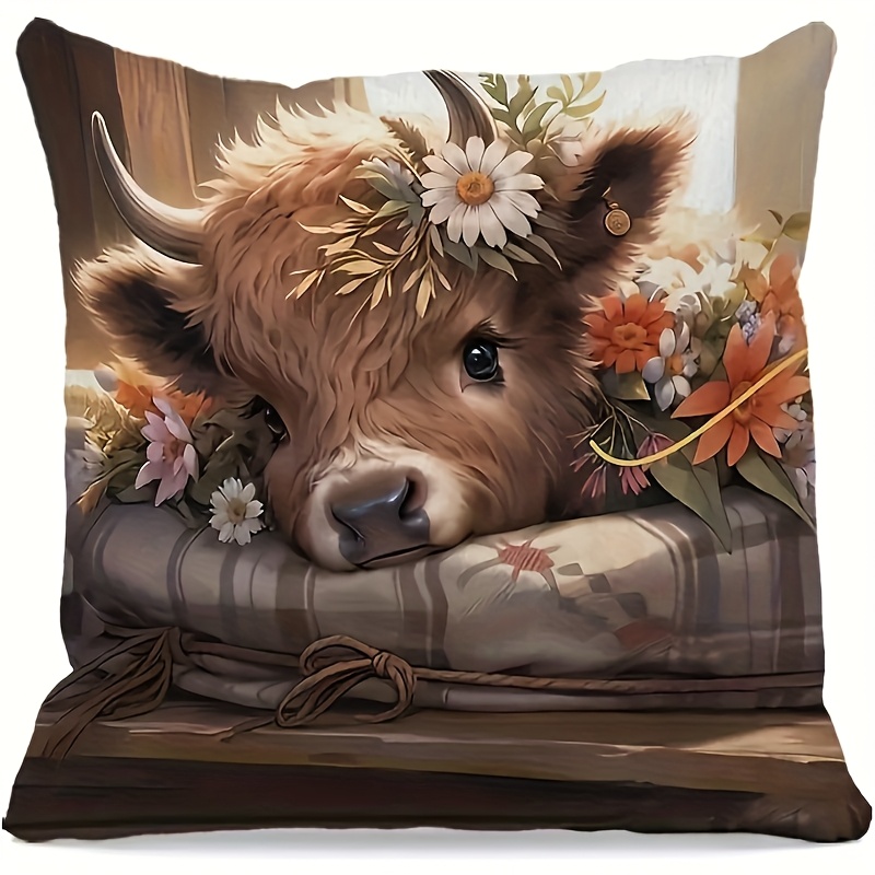Pillow Insert 18X18 - ปลอกหมอนลายวัวไฮแลนด์แบบ 2D แบน - 1 ชิ้น,