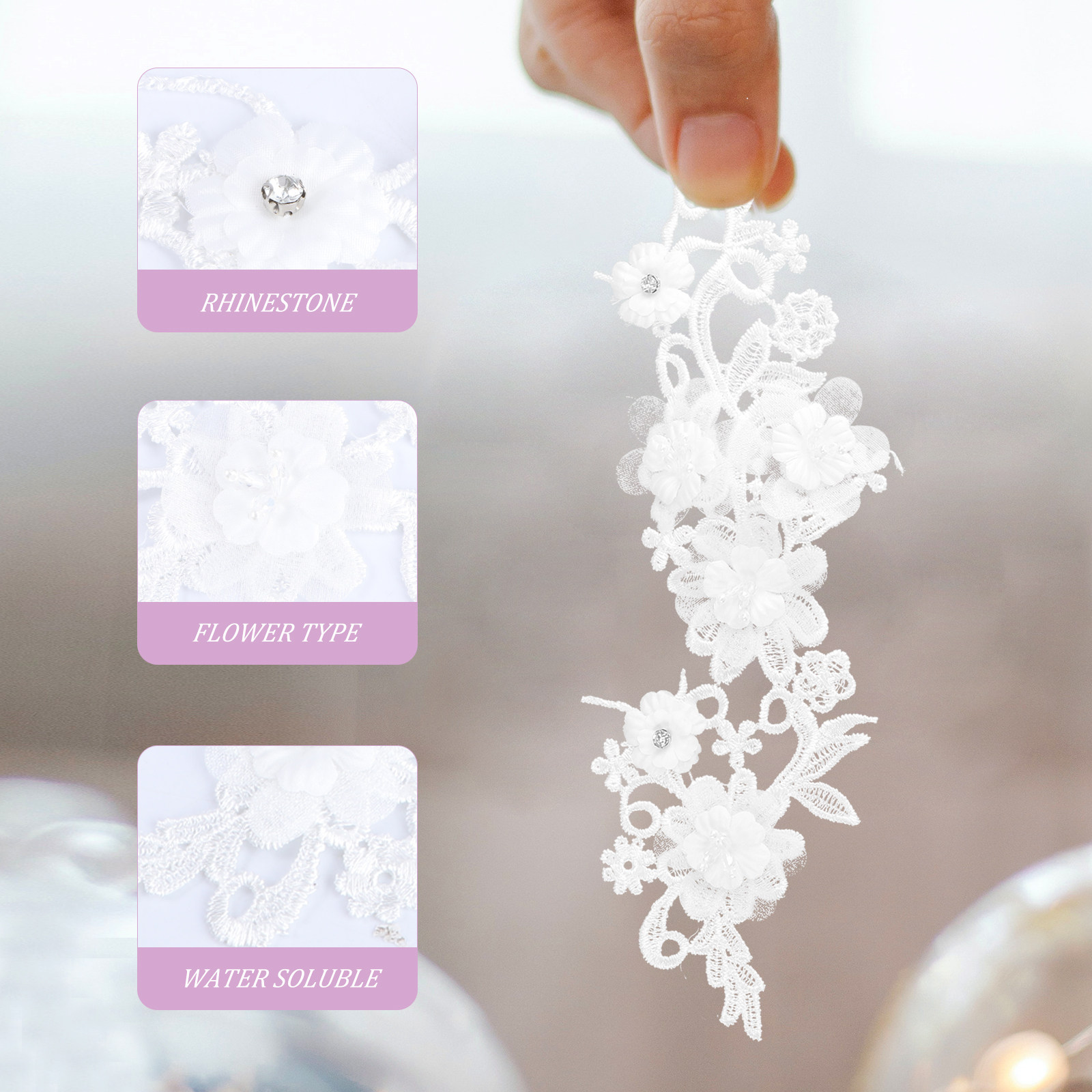 Home Textiles Premium - 1 คู่ ริบบิ้นลูกไม้ลายดอกไม้โพลีเอสเตอร์พรีเมียม สีขาว สำหรับงานฝีมือ DIY